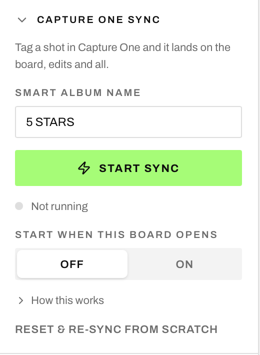 Shotboard Capture One Smart Album sync controls