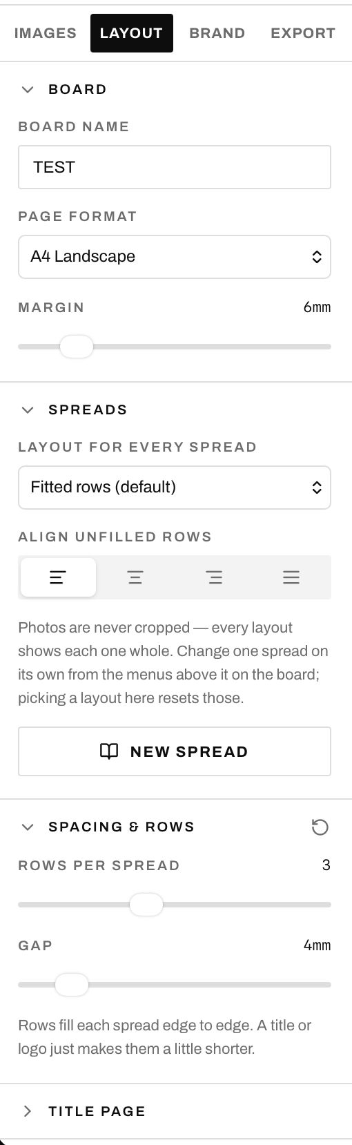 Shotboard layout, spread, spacing and row controls